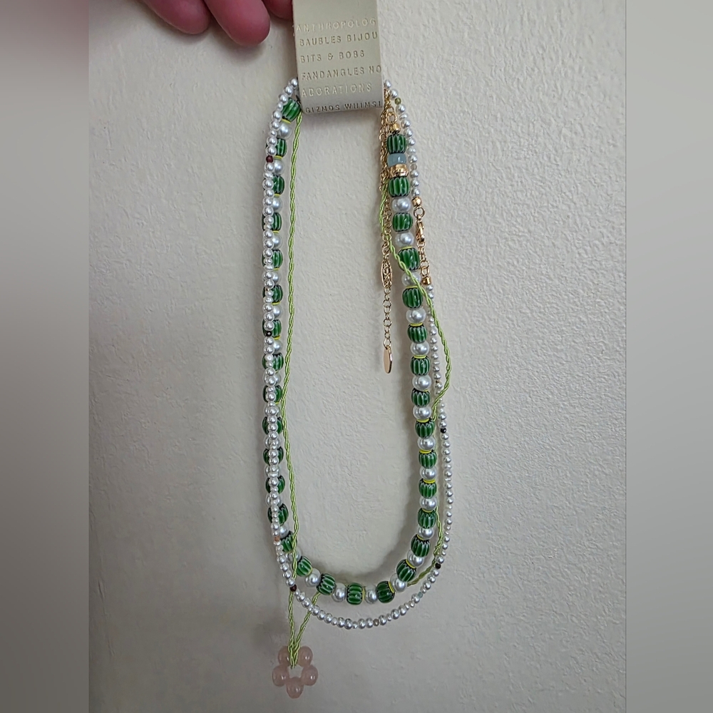 NWT, Anthropologie Green and White Layered Necklace Set - Picture 2 of 2